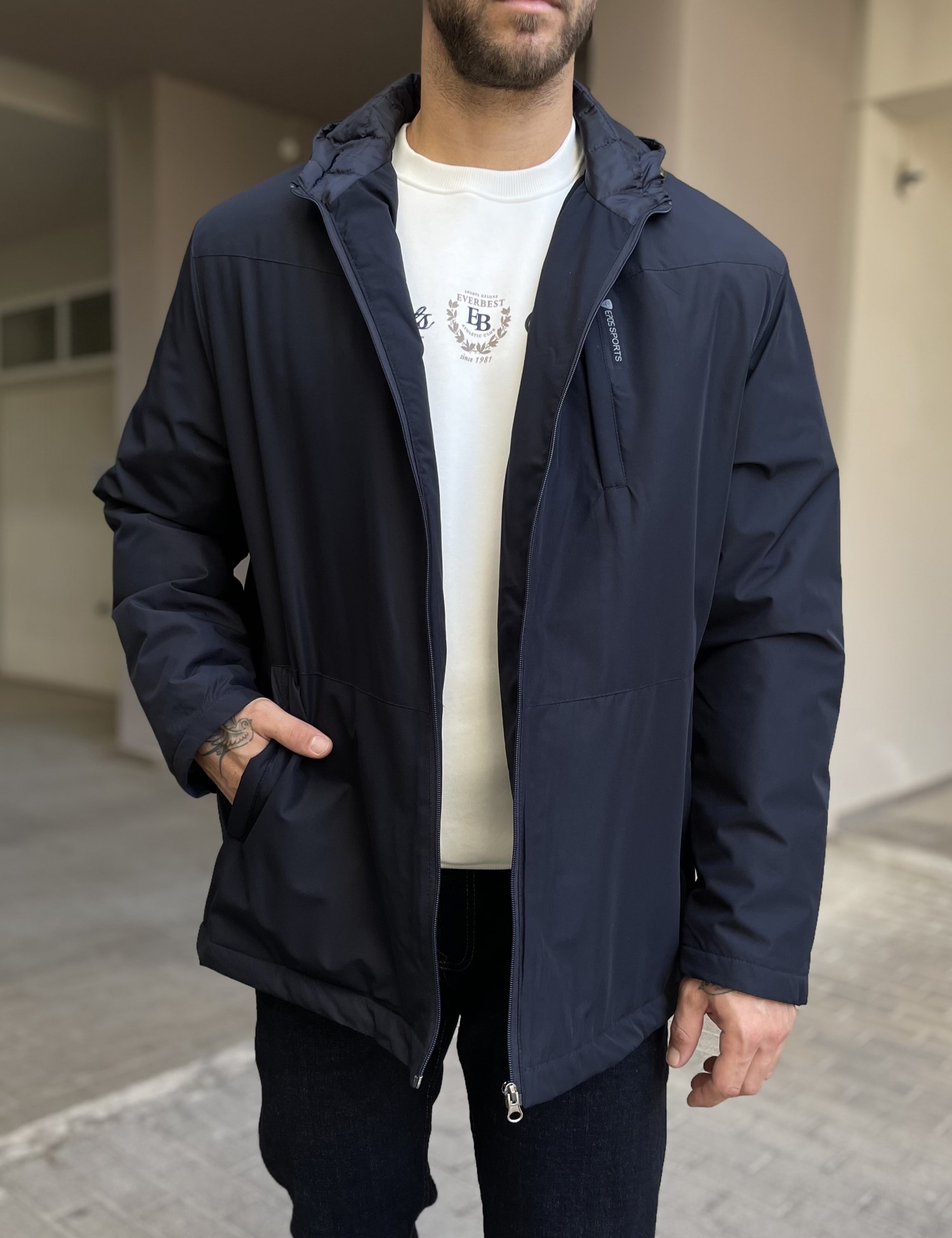 EPOS Ανδρικό μπλε μπουφάν ίσιο με κουκούλα Plus Size EP472